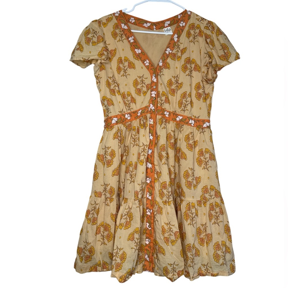 Bila Monaco Dress Mini Yellow Orange Floral Button Front Dress Large